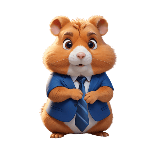 Chuột hamster hoạt hình mặc bộ vest xanh và cà vạt, đứng với biểu cảm ngạc nhiên, đại diện cho một nhân vật từ Hamster Kombat.