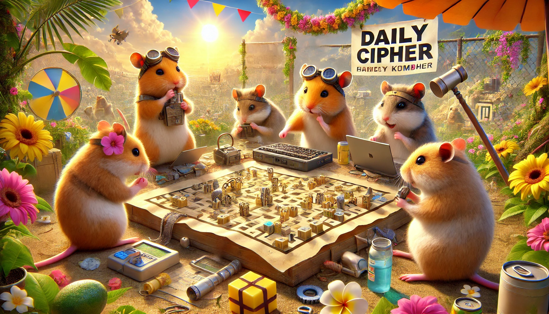 Hamsters in Hamster Kombat solving a Daily Cipher with special devices and tools, vibrant battleground in the background