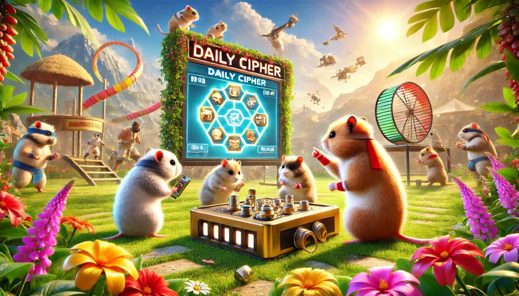 Hamsters in Hamster Kombat using devices to decode a Daily Cipher, vibrant summer battleground