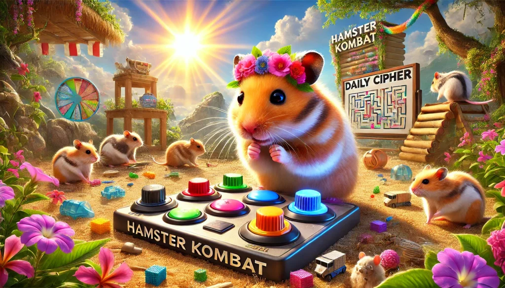 Hamsters working together to solve a Daily Cipher in Hamster Kombat, using various tools with a lively summer background