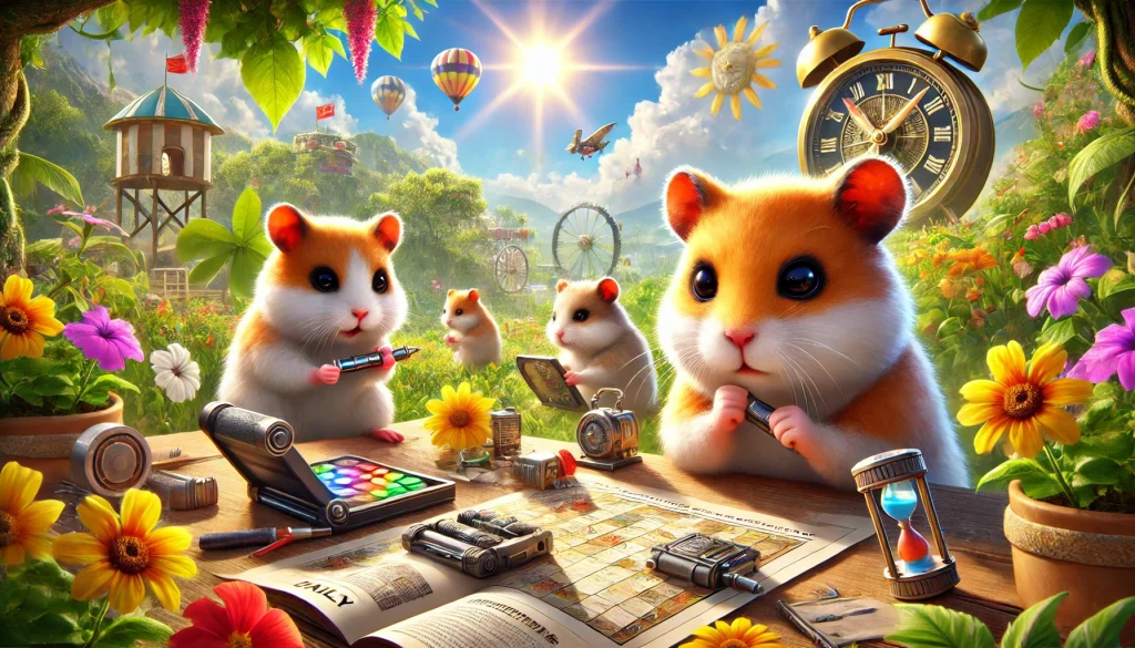 Hamsters in Hamster Kombat focused on solving a Daily Cipher with advanced gadgets, vibrant summer battleground in the background