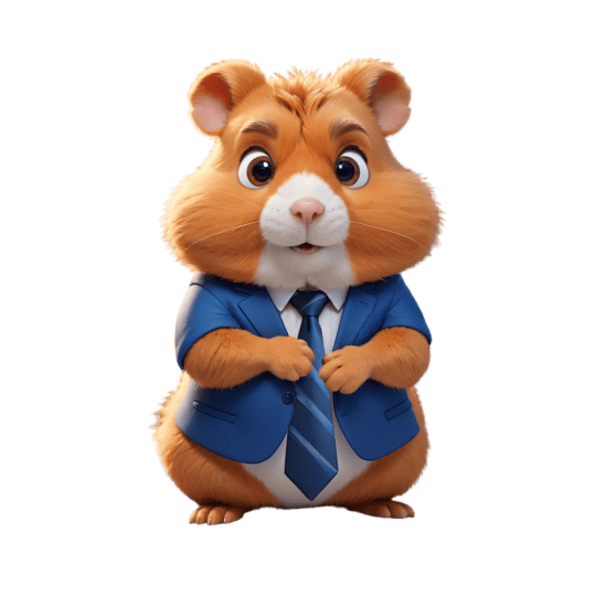 Hamster de desenho animado vestindo um fato azul e gravata, de pé com uma expressão surpreendida, representando um personagem de Hamster Kombat.